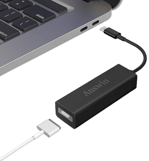 A cable goes to the adapter and the adapter to a MacBook