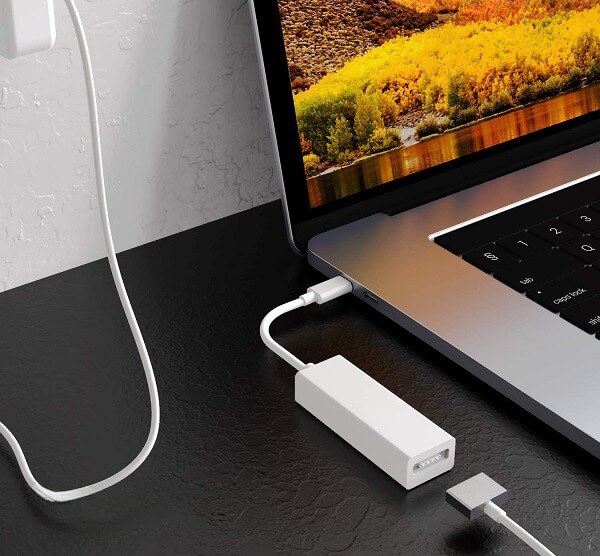 An adapter plugged into a laptop