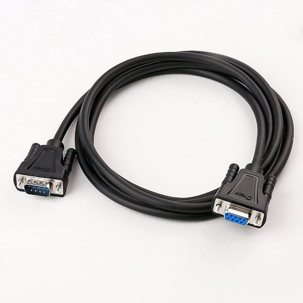 A black coiled male to female 9 pin VGA cable