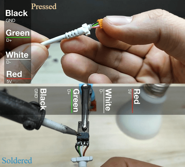 Two pictures of somebody putting the plastic on the wires and  soldering them