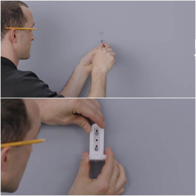 Two pictures, the first is somebody using screws on a wall, second is setting a baby monitor stand