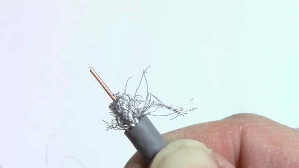 A stripped coaxial cable