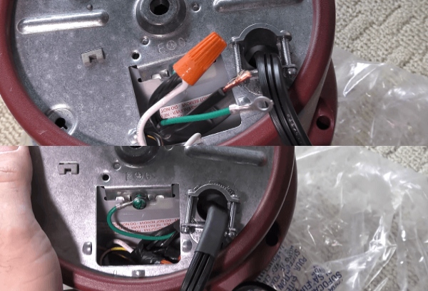 Two pictures, first of the live wire connected to the new one by a wire nut, and the second is the ground wire connected to the screw