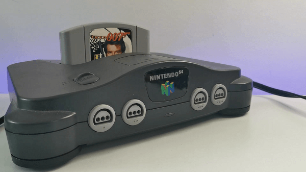 A N64 with Goldeneye plugged in